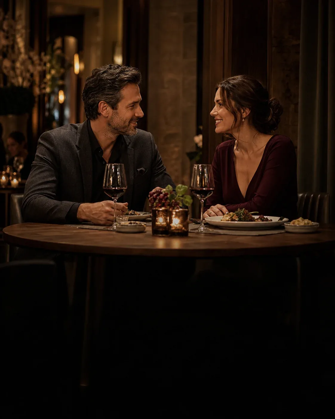 Mature couple sharing an intimate fine dining experience
