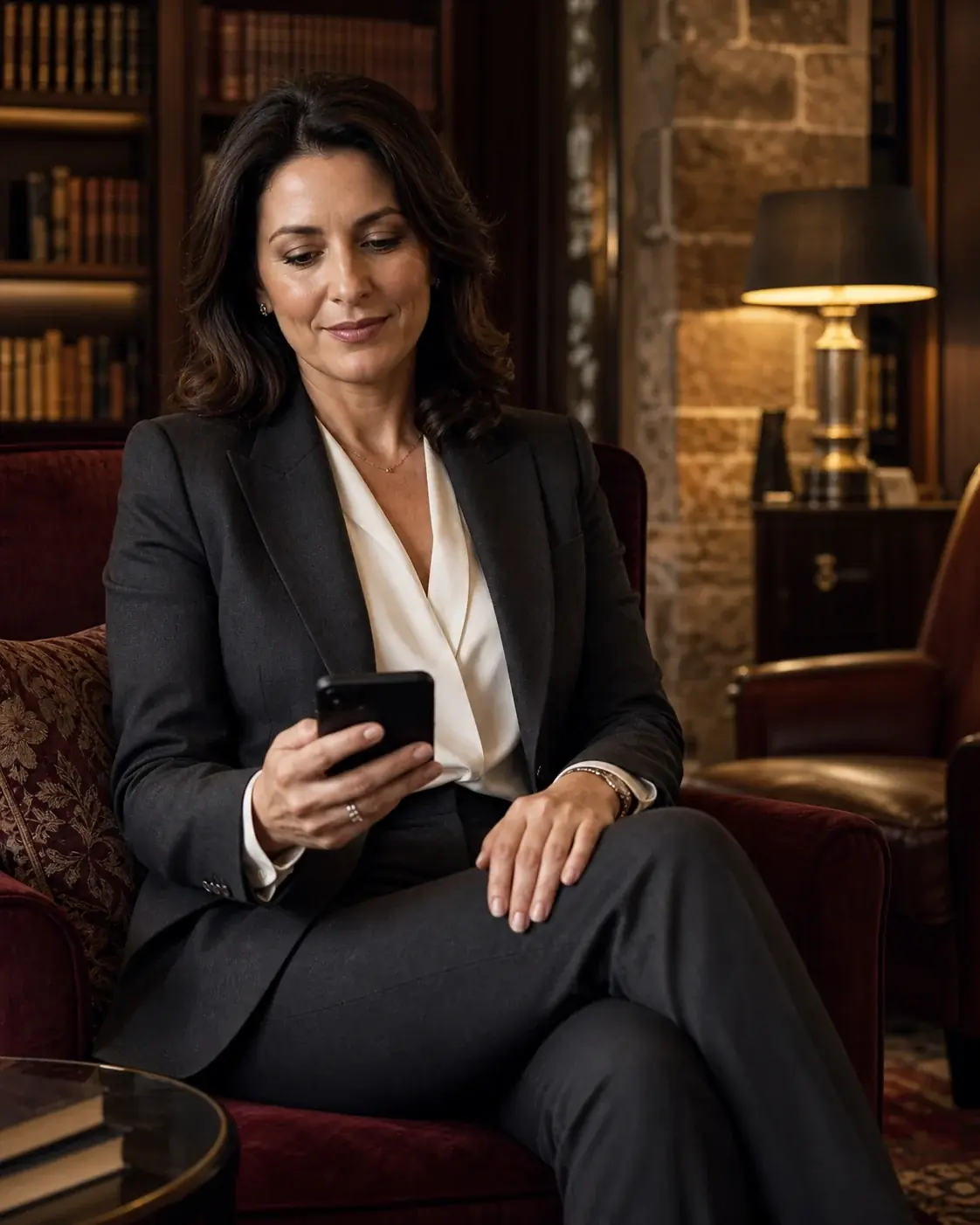 Professional woman using her phone in a private, comfortable lounge